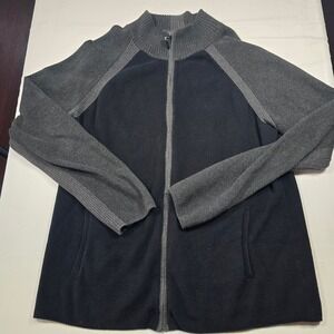 Calvin Klein Mens Full Zip Sweater Large Black Gray Colorblock Mock Neck Cotton
